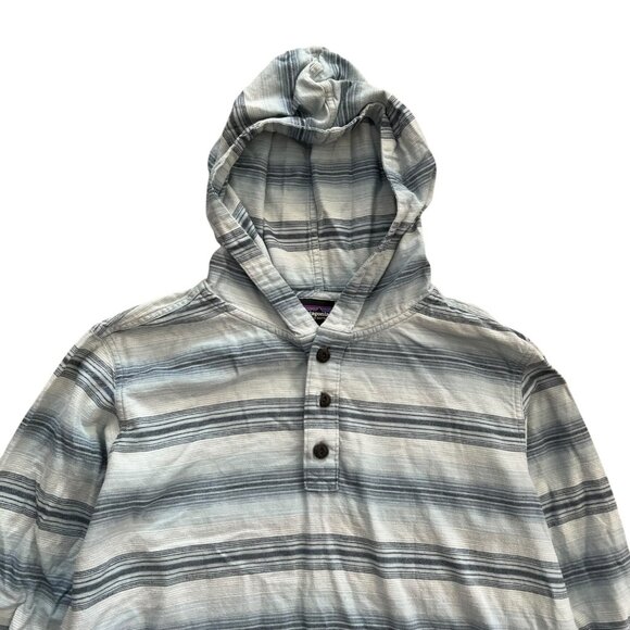 Patagonia Mens Organic Cotton Stripe Hooded Shirt Blue M Beachy Coastal Surf - Picture 3 of 11
